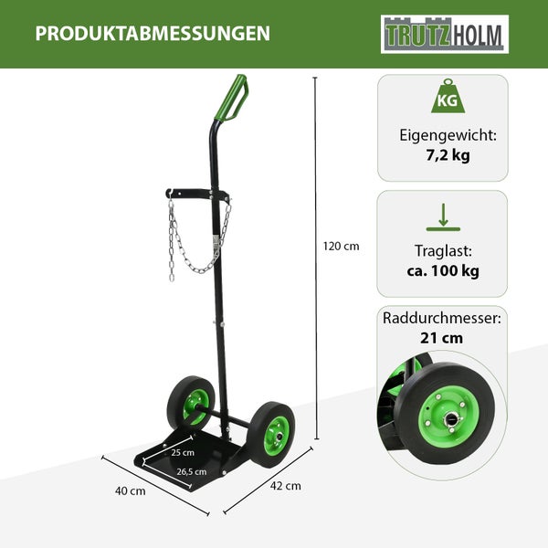 Trutzholm Gasflaschenkarre mit 100 Kilogramm Traglast, 120 Zentimeter Höhe und 21 Zentimeter Raddurchmesser inklusive Maßangaben.
