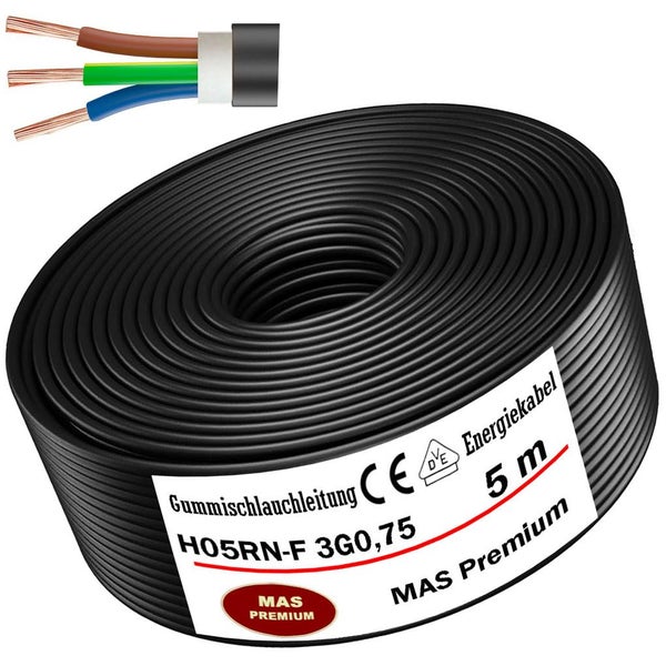MAS Premium Gummischlauchleitung H05RN-F 3G0,75, 5 Meter, Ring mit Querschnittdarstellung der drei Adern.