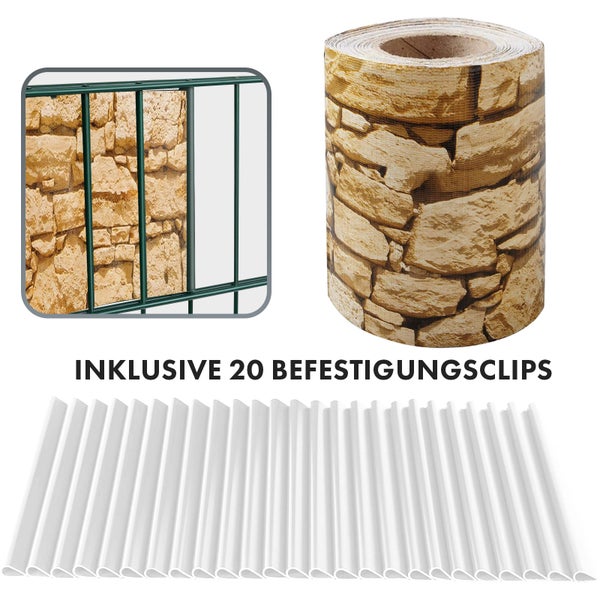 FLOORDIREKT PVC Sichtschutzstreifen 19 cm x 35 m für Gartenzäune Blickdicht Stein-Optikgrob
