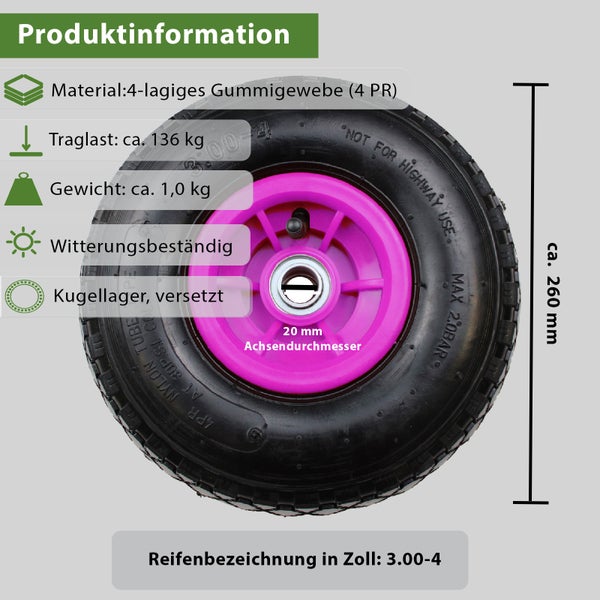 Rad mit vierlagigem Gummigewebe, Kugellager, Achsendurchmesser 20 mm, Reifengröße 3.00-4, Durchmesser circa 260 mm, Traglast circa 136 kg und Gewicht circa 1,0 kg