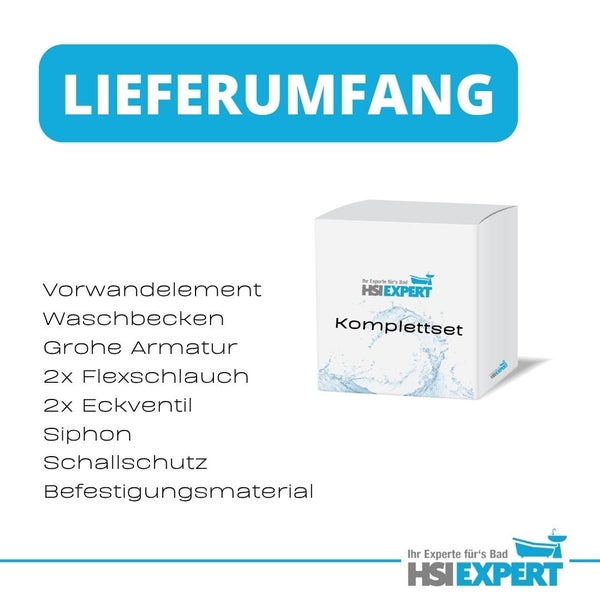Lieferumfang eines Komplettsets für den Waschtisch mit Vorwandelement, Waschbecken, Grohe Armatur, Flexschläuchen, Eckventilen, Siphon, Schallschutz und Befestigungsmaterial.