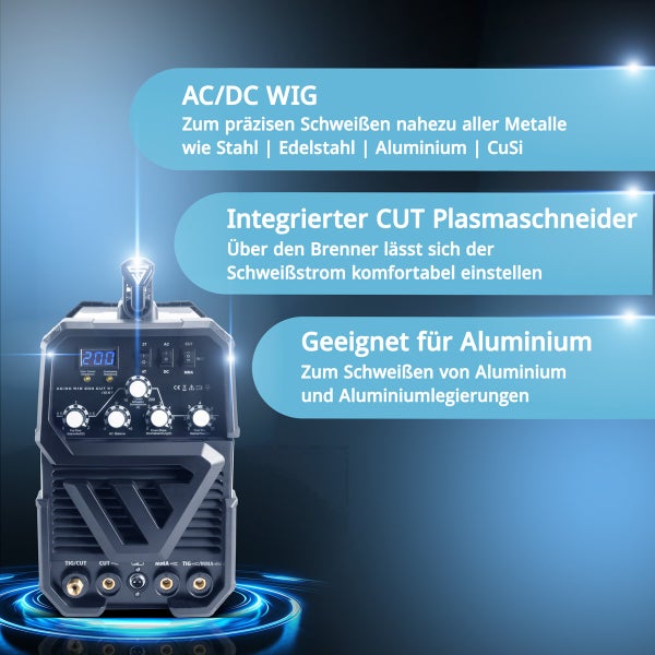 Schweißgerät AC DC WIG mit integriertem CUT Plasmaschneider zum Schweißen von Stahl, Edelstahl, Aluminium und Aluminiumlegierungen
