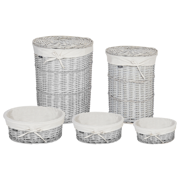 5-teiliges Set geflochtener Körbe aus Weide mit Stoffeinsatz, bestehend aus zwei Wäschekörben mit Deckel und drei runden Aufbewahrungskörben.