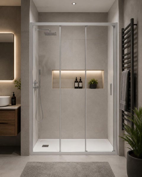 Moderne Duschkabine mit Schiebetüren in einem gefliesten Badezimmer mit integrierter Wandnische und Regendusche.