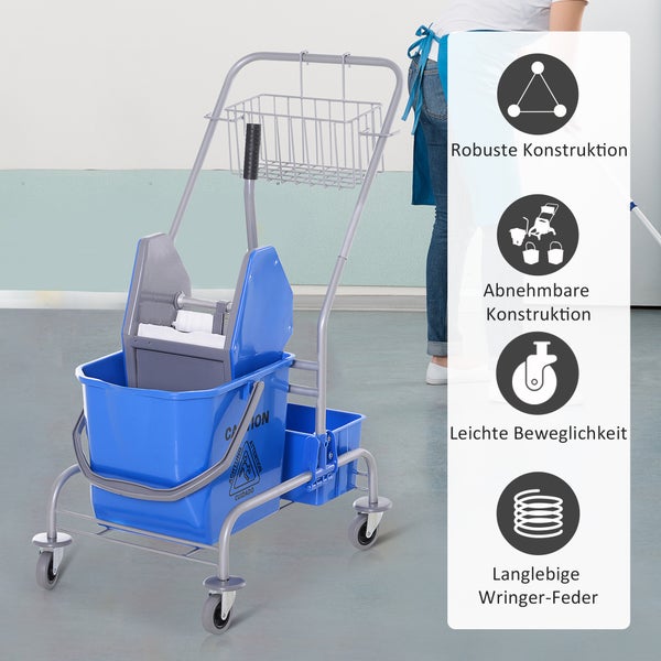 HOMCOM Putzwagen Reinigungswagen Fahreimer Putzeimer 25 Liter Wischwagen mit Wringer, Haken für Mopp Haushaltswagen mit 4 Rollen Blau