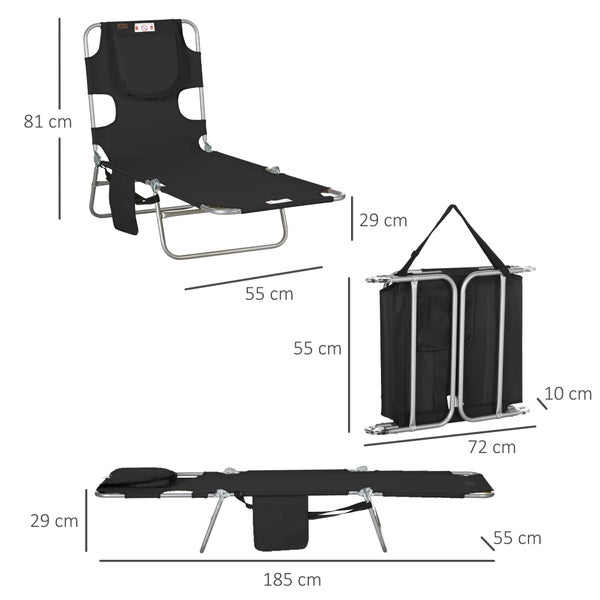 Schwarze klappbare Gartenliege mit verstellbarem Kopfteil und gepolsterter Gesichtsöffnung.