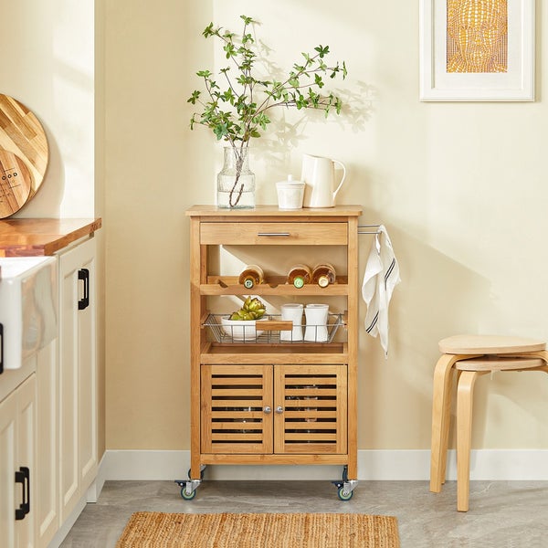 Servierwagen aus Holz mit Schublade, Flaschenhalter und Schrank mit Lamellentüren