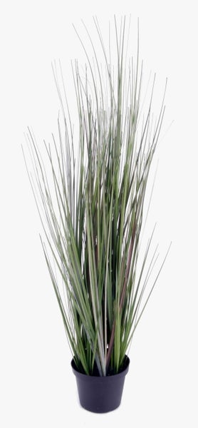 Künstliches grünes Dekogras in einem schwarzen Kunststofftopf.