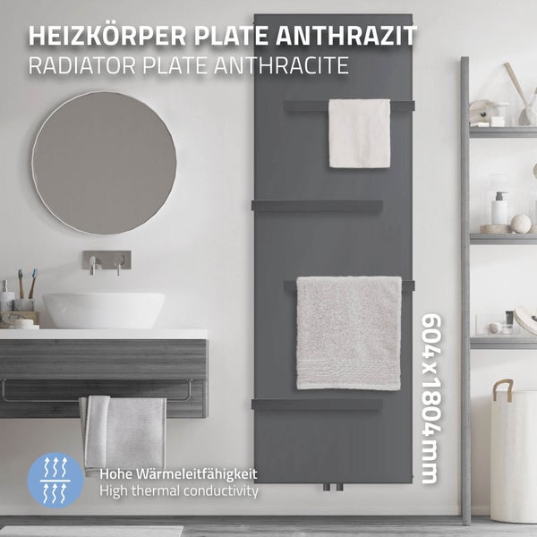 ML-Design Badheizkörper 1800x604 mm Anthrazit + 4x Handtuchhalter, Flach Einlagig Design Heizkörper Mittelanschluss Vertikal Planheizkörper Vertikalheizkörper Paneelheizkörper Flachheizkörper Heizwand