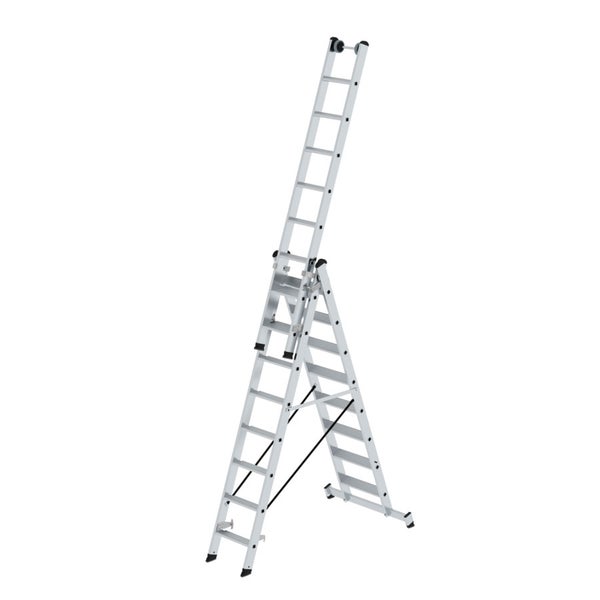 MUNK Stufen- Mehrzweckleiter mit Wandlaufrollen und Nivello® Traverse 3x8 Stufen