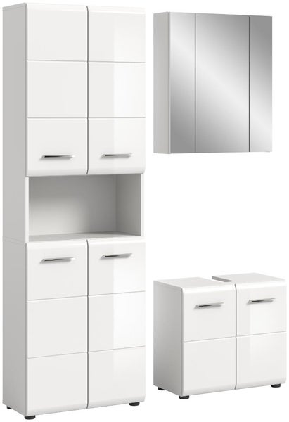 Dreiteiliges Badezimmermöbel-Set in Weiß, bestehend aus einem Hochschrank, einem Spiegelschrank und einem Waschbeckenunterschrank.