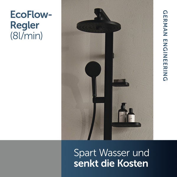 Schwarzes Duschsystem mit EcoFlow-Regler für 8 Liter pro Minute, Regenbrause, Handbrause und integrierten Ablagen. Wassersparend.