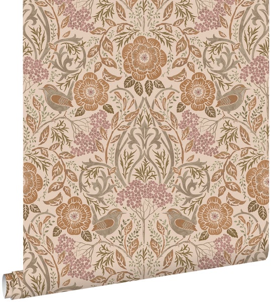 ESTAhome Tapete Blumen und Vögel im Jugendstil Beige, Terrakotta und Altrosa - 53 cm x 10.05 m - 139567