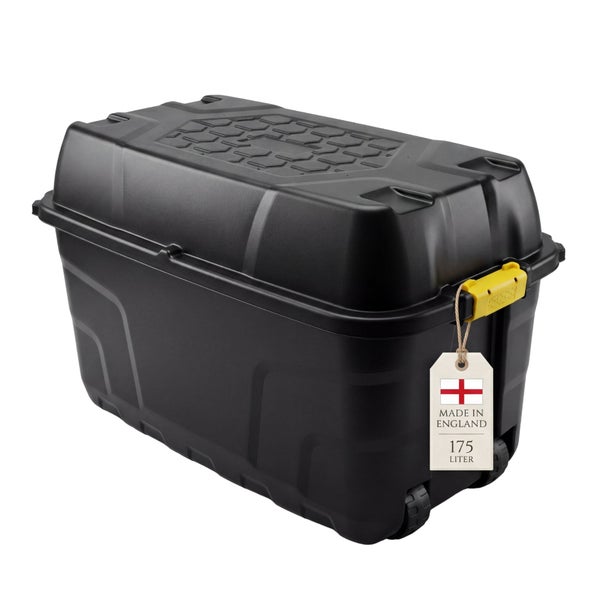 Robuste Aufbewahrungsbox aus Kunststoff mit 175 Liter Fassungsvermögen, Rollen und Deckel, hergestellt in England.