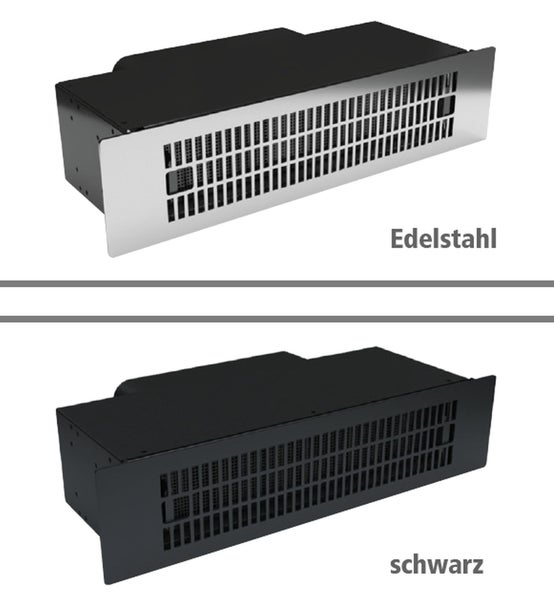 Zwei flache Dunstabzugshauben fuer den Einbau in die Kuechenzeile, eine Ausfuehrung in Edelstahl und eine Ausfuehrung in Schwarz