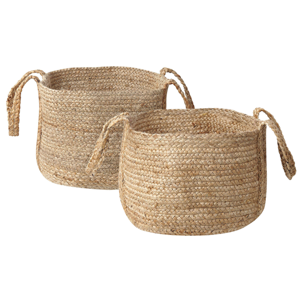 Zwei runde Aufbewahrungskörbe aus geflochtenem Jute-Material mit jeweils zwei Griffen.