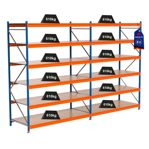 Lagerregal mit mehreren Ebenen und einer Traglast von 610 Kilogramm pro Ebene