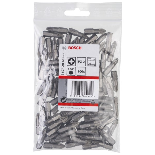Bosch 100x Schrauberbit Extra-Hart, PZ 2, 25 mm - 2607001561