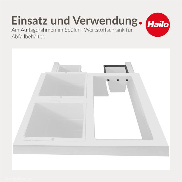 Hailo Auflagerahmen für Abfallbehälter im Küchen-Spülenunterschrank. Hailo Logo.
