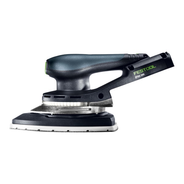 Festool Akku-Deltaschleifer DTSC 400 mit ergonomischem Griff und dreieckiger Schleifplatte für präzises Schleifen in Ecken.