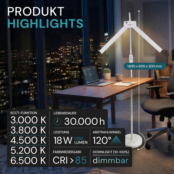 Weiße Stehleuchte mit zwei Flügeln im Büro. Highlights: 3000 bis 6500 Kelvin, 30000 Stunden, 18 Watt, 120 Grad Winkel, dimmbar, Luxula Logo.