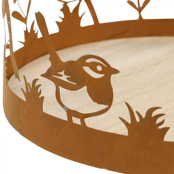 Dekorationstablett aus Metall mit Vogelmotiv und Holztablett