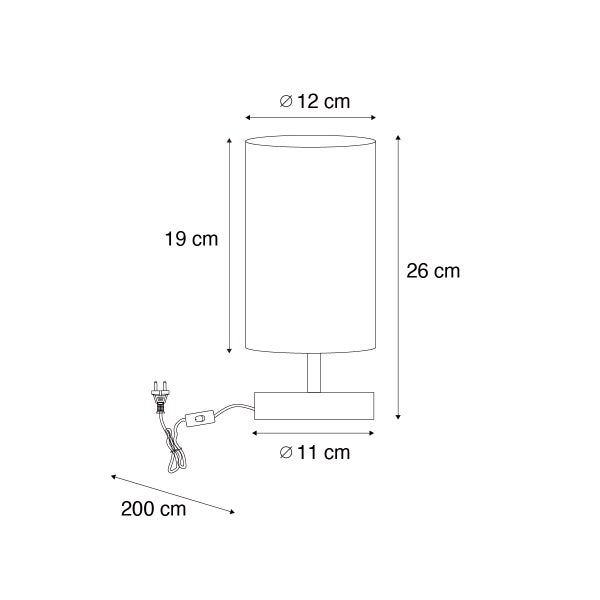 Abbildung mit den Maßen einer Tischleuchte: Höhe 26 cm, Lampenschirmdurchmesser 12 cm, Fußdurchmesser 11 cm, Kabellänge 200 cm