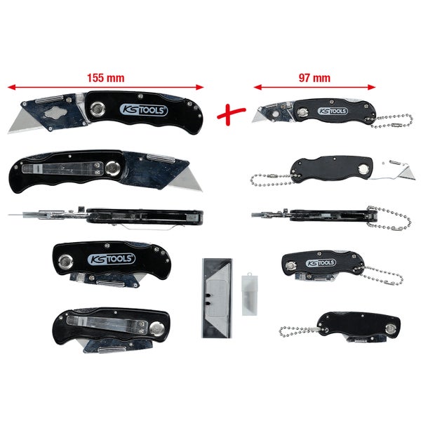 KS Tools Klappmesser Set bestehend aus zwei Messern mit 155 Millimeter und 97 Millimeter Länge sowie Ersatzklingen