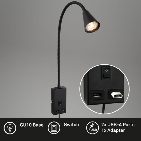 Leselampe LED Bettlampe Wandlampe Schwenkbar 2x USB Port Kabelschalter GU10