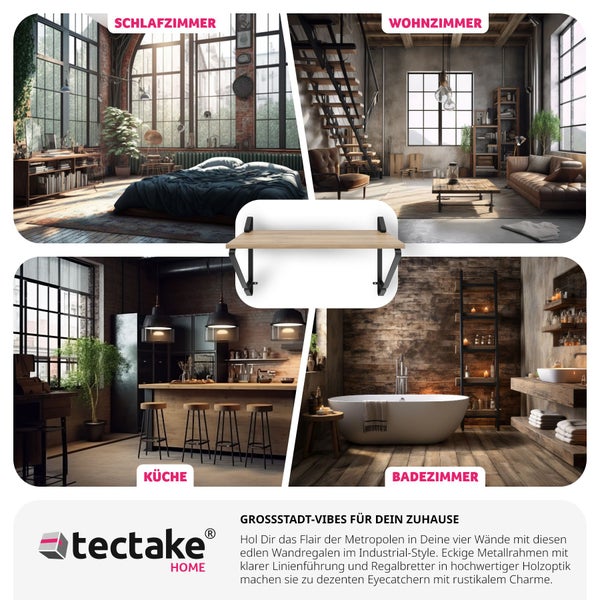 2er Set Wandregal tectake Irvine 60 x 20 x 33,5 cm Industrial Style Industrial Holz hell, Eiche Sonoma