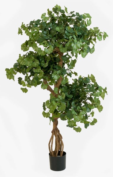 Künstlicher Ginkgo Biloba Baum mit grünen Blättern und strukturiertem braunem Stamm im schwarzen Topf.