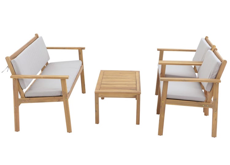 Gartenmöbelset mit zwei Sesseln, Bank und Tisch aus Holz
