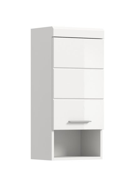 Weißer Hängeschrank in Hochglanz-Optik mit einer Tür, Metallgriff und einem offenen Fach unten.