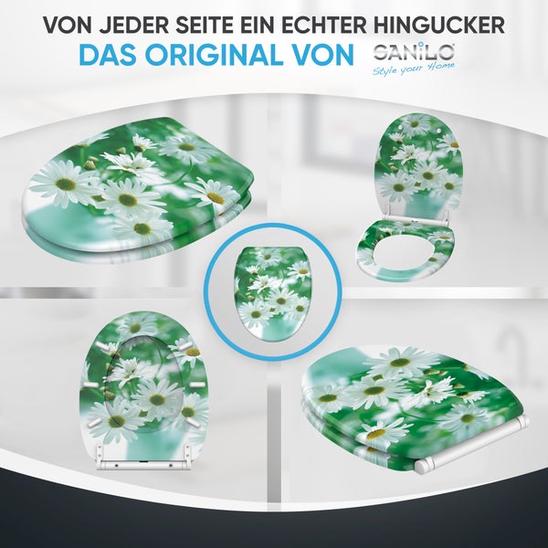 Sanilo Toilettensitz mit Gänseblümchen-Motiv in verschiedenen Ansichten. Sanilo Logo.