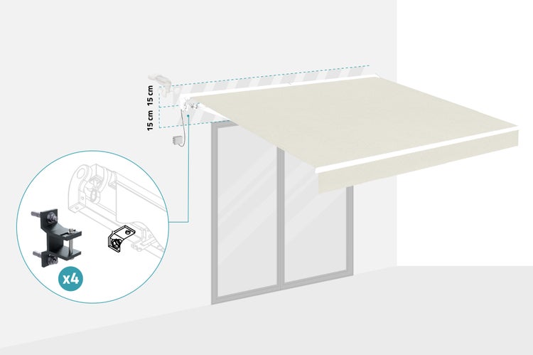Ansicht einer Markise mit Montageanleitung und dem Hinweis, dass vier Halterungen enthalten sind.