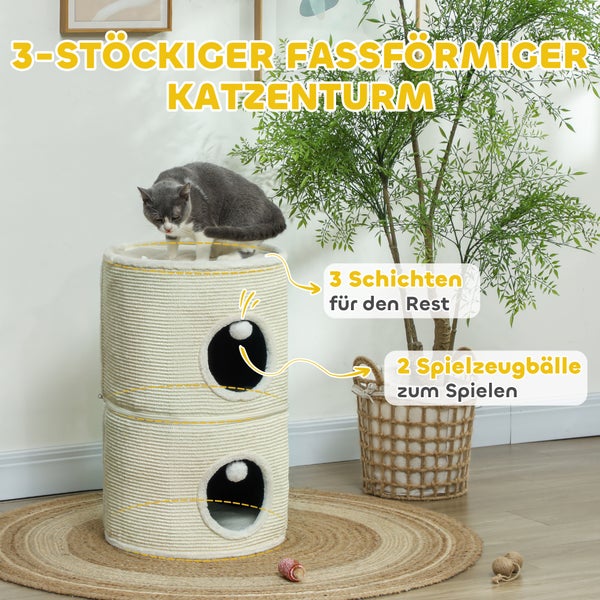 PawHut Kratztonne, 69 cm Hoch, Teilbare Katzentonne, Katzenturm mit 2 Höhle, Spielball, Katzenturm, Kratzbaum für Katzen bis 5 kg, Cremeweiß