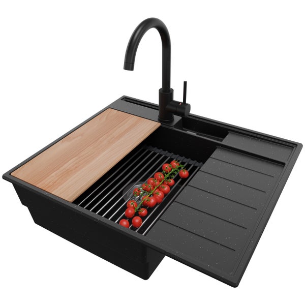 PRIMAGRAN Granitspüle Schwarz Metallic 62x53cm, Spülbecken 1 Becken + Küchenarmatur 32x20cm + Ablauf-Set + Küchenzubehörset, Küchenspüle ab 45er Unterschrank - Sydney Pocket