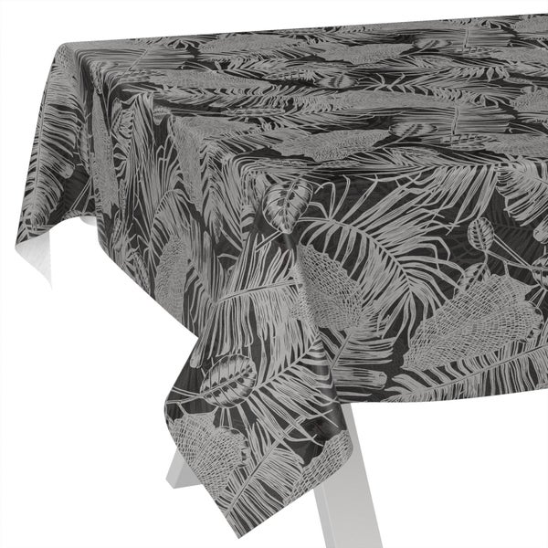 Wachstuch Tischdecke mit Palmenblatt Muster in Schwarz und Grau.