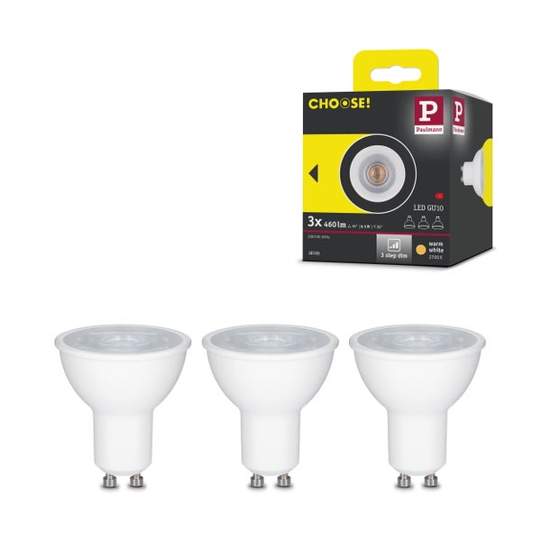 Paulmann LED-Leuchtmittel GU10 im Dreierpack, 460 Lumen, warmweiß, 2700 Kelvin, 6,5 Watt, 3-Stufen-Dimmung, 38 Grad Abstrahlwinkel, Paulmann Logo.