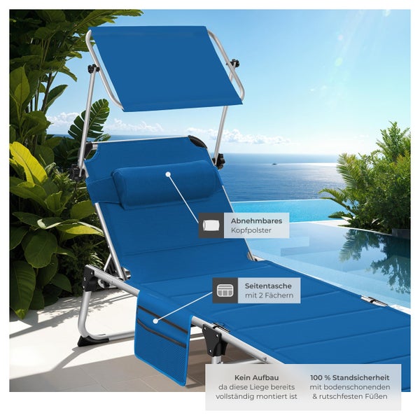 Sonnenliege tectake Lorella 220 x 60,5 x 34 cm, mit Seitentasche  gepolstert, klappbar blau