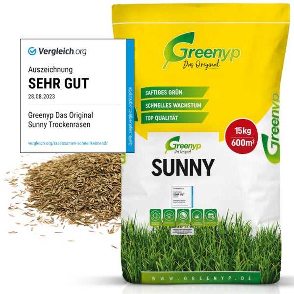 Greenyp Sunny I Dürreresistenter Trockenrasen I 15kg für 600m² I Grassamen Rasensamen Rasensaat Gras Nachsaat schnellkeimend