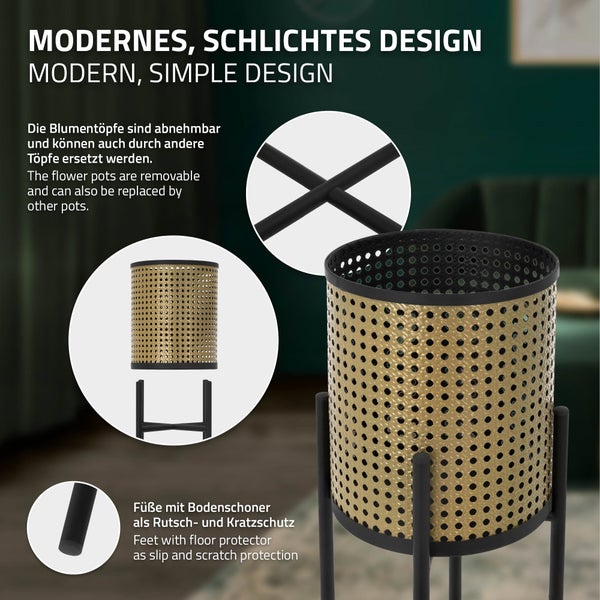 ML-Design Blumenständer 2er Set Schwarz-Gold 16,5x16,5x80,5 cm/19x19x90 cm, Stahl, Blumentopfständer mit Übertopf, Metall Pflanzenständer, Blumentopfhalter 2-tlg, Pflanztopf Blumensäule Blumenhocker