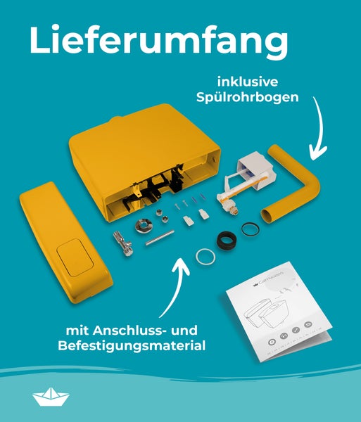 Lieferumfang eines Aufputz Spülkastens inklusive Spülrohrbogen, Anschluss- und Befestigungsmaterial sowie Montageanleitung von Calmwaters.