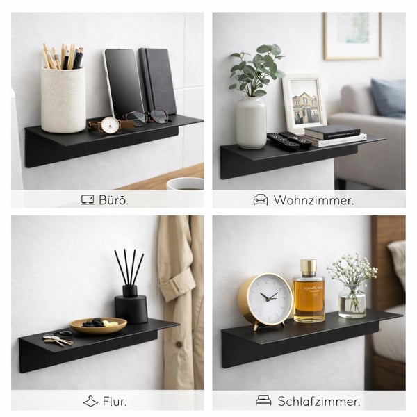 Vier Anwendungsbeispiele eines schwarzen Wandregals in Buero, Wohnzimmer, Flur und Schlafzimmer mit verschiedener Dekoration.