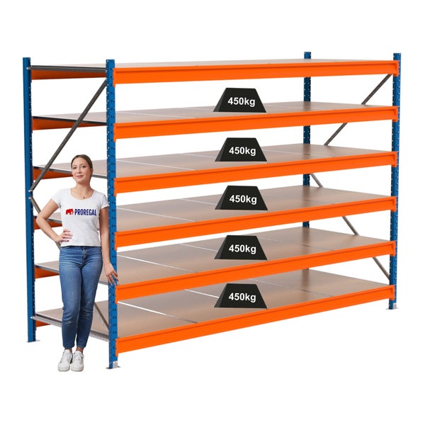 Lagerregal mit fünf Ebenen und einer Traglast von 450 Kilogramm pro Ebene