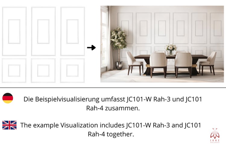 Wandleisten-Set JC101-W Rah-3 und JC101 Rah-4 zur Gestaltung einer Kassettenwand, Montagebeispiel in einem hellen Esszimmer. Ikhe Malarka Logo.