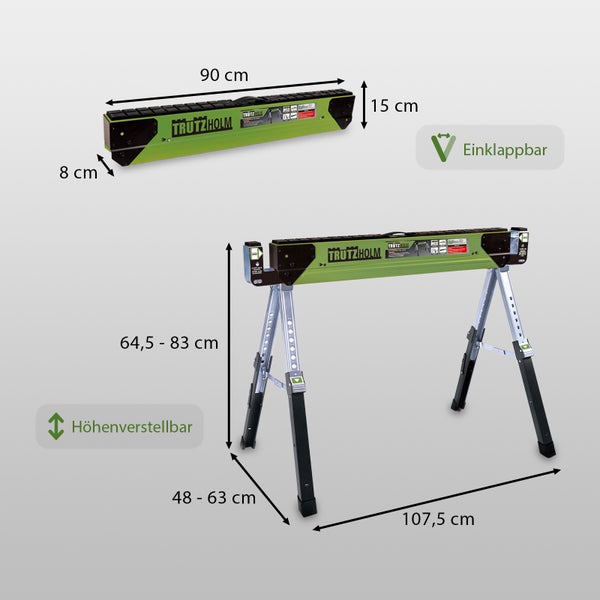 Tragbock mit den Maßen 90 cm x 15 cm x 8 cm, höhenverstellbar von 64,5 cm bis 83 cm und zusammenklappbar