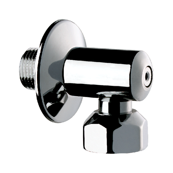 Verchromtes Eckventil mit Wandrosette und Überwurfmutter für Sanitäranschlüsse.