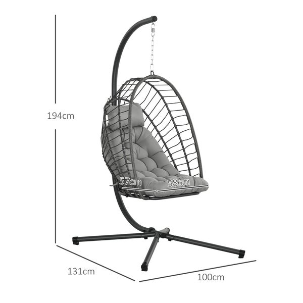 Outsunny Rattan Hängesessel, Hängestuhl, für Terrasse, Garten, bis zu 100 kg, Höhe 194 cm, Stahl, PE Rattan, Hellgrau