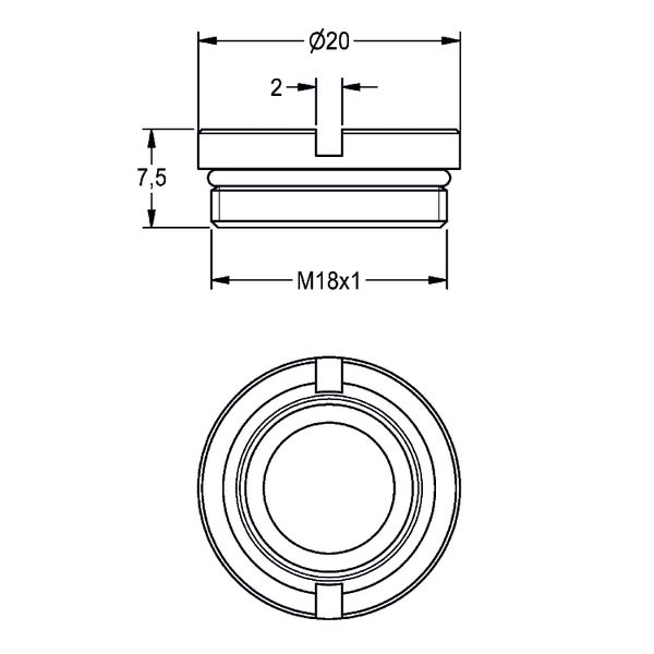 Technische Zeichnung Verschlussstopfen M18x1, Durchmesser 20 Millimeter, Höhe 7,5 Millimeter, Schlitzbreite 2 Millimeter.